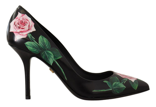 Dolce & Gabbana Black Leather Roses High Heels Pumps Shoes
