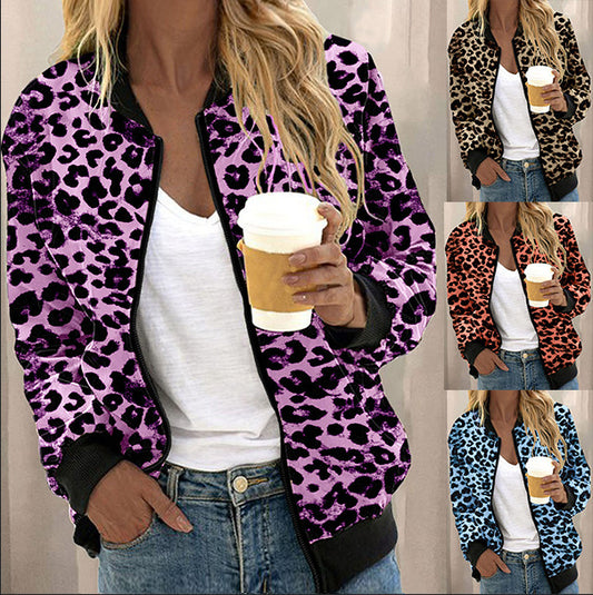 Leopard Print Stand Collar Cardigan Zipper Coat