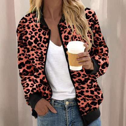 Leopard Print Stand Collar Cardigan Zipper Coat