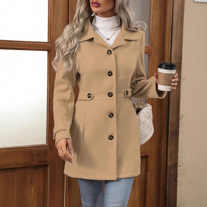 Mid-length Elegant Lapel Button Temperament Slim-fit Woolen Coat