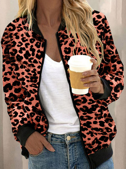 Leopard Print Stand Collar Cardigan Zipper Coat