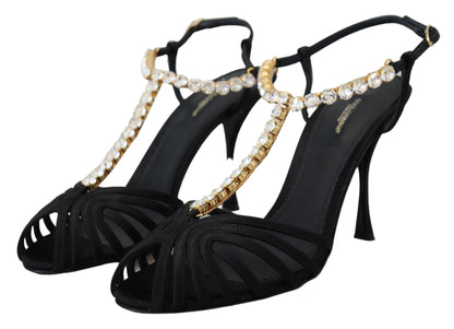 Dolce & Gabbana Black Satin Clear Crystal T-strap Sandal Shoes
