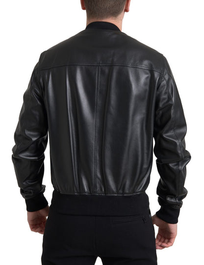 Dolce & Gabbana Black Leather Full Zip Bomber Men Jacket