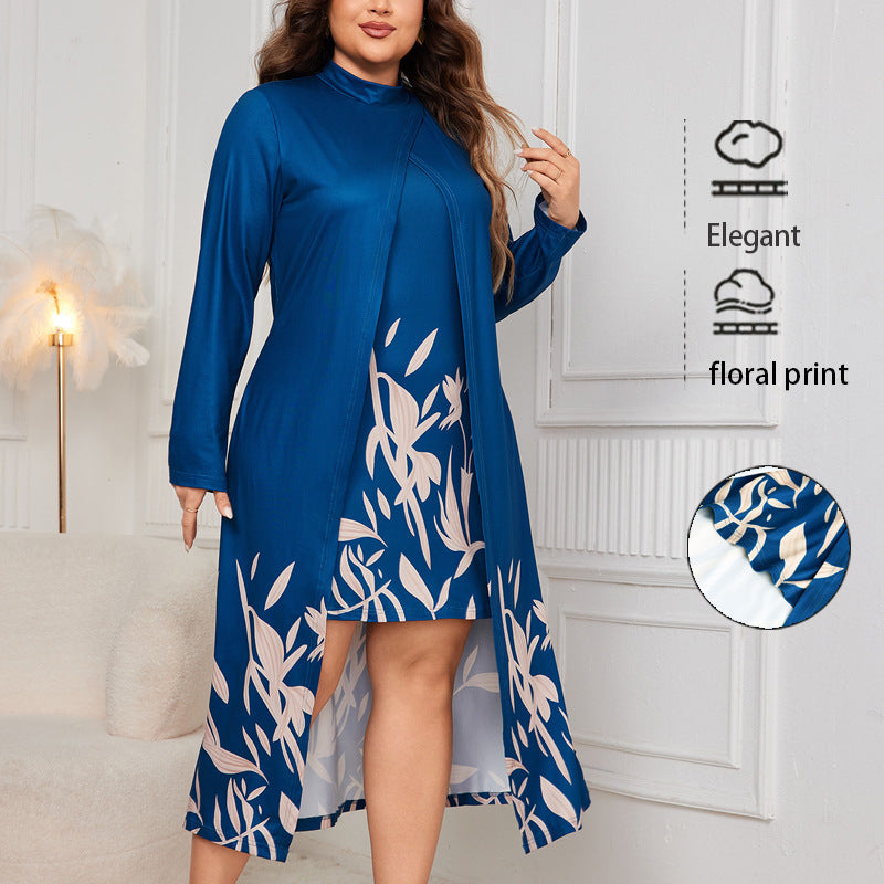 Fake Two-piece Turtleneck Long Sleeve Asymmetric Dress Women
