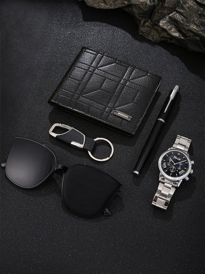 5 pieces/set of fashionable and all - matching men's watch set + wallet + glasses + key chain + pen birthday gift set - SMARTMARTNZ
