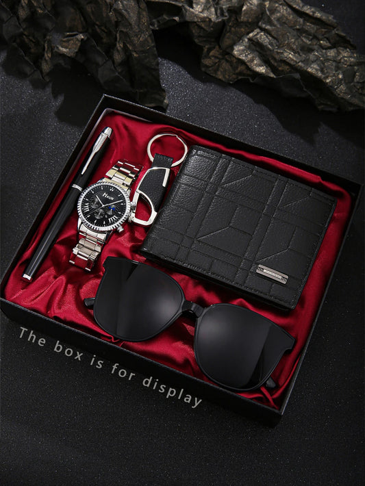 5 pieces/set of fashionable and all - matching men's watch set + wallet + glasses + key chain + pen birthday gift set - SMARTMARTNZ
