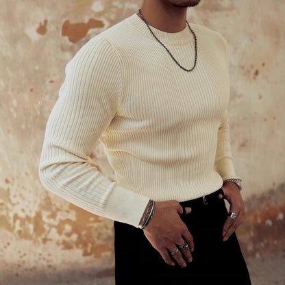 Men's Round Neck Solid Color Striped Long-sleeved Sweater Autumn And Winter