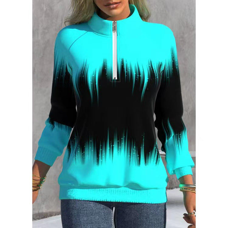 Gradient Color Print Neck Zipper Sweatshirt