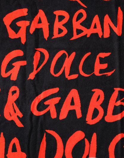 Dolce & Gabbana Black Red Logo Print Cotton Beach Towel