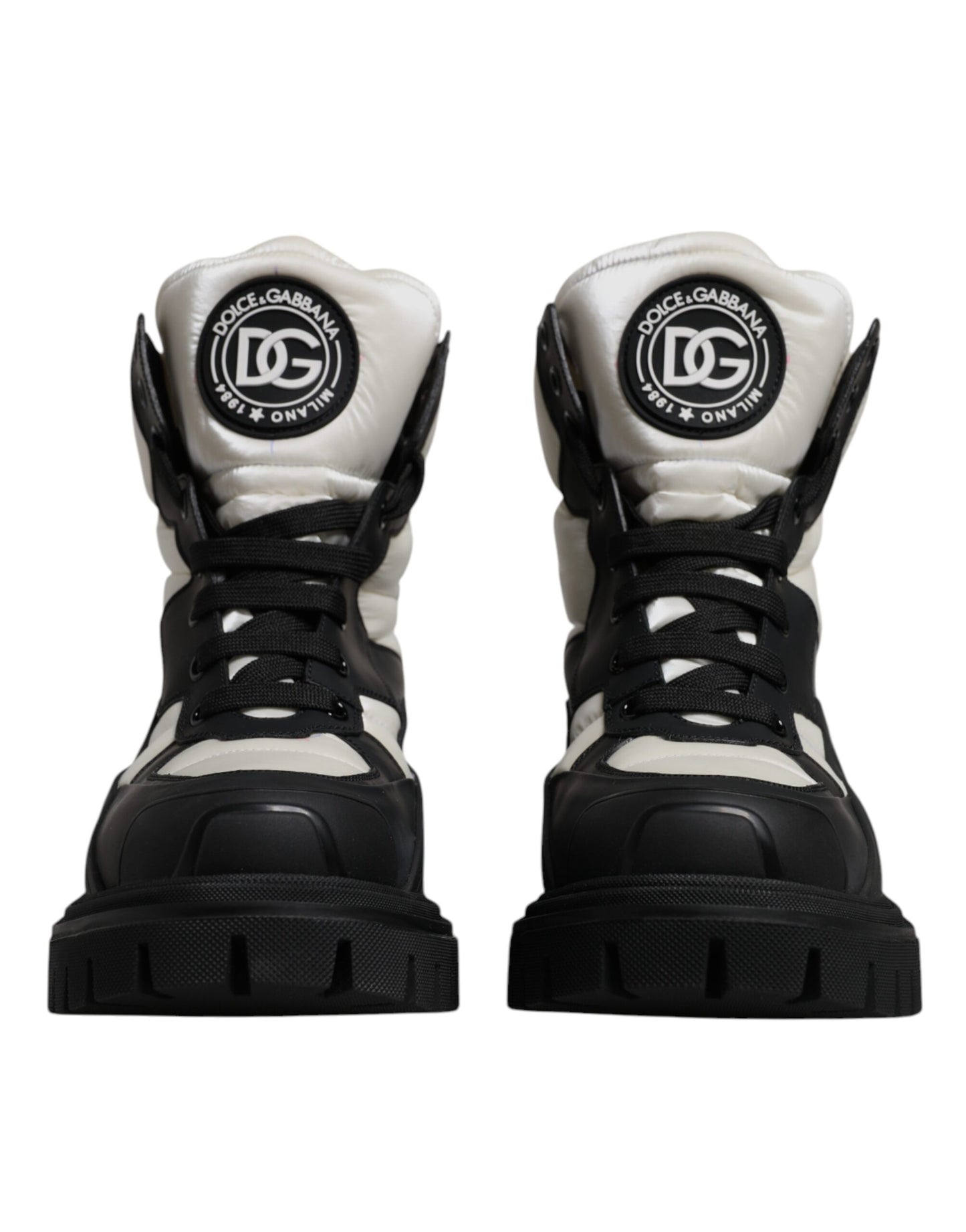 Dolce & Gabbana Black White Padded Mid Calf Lace Up Boots Shoes