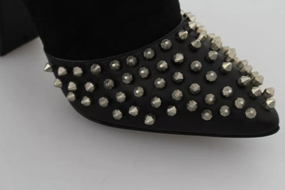 Philipp Plein Black Suede Studded Heels Ankle Boots Shoes