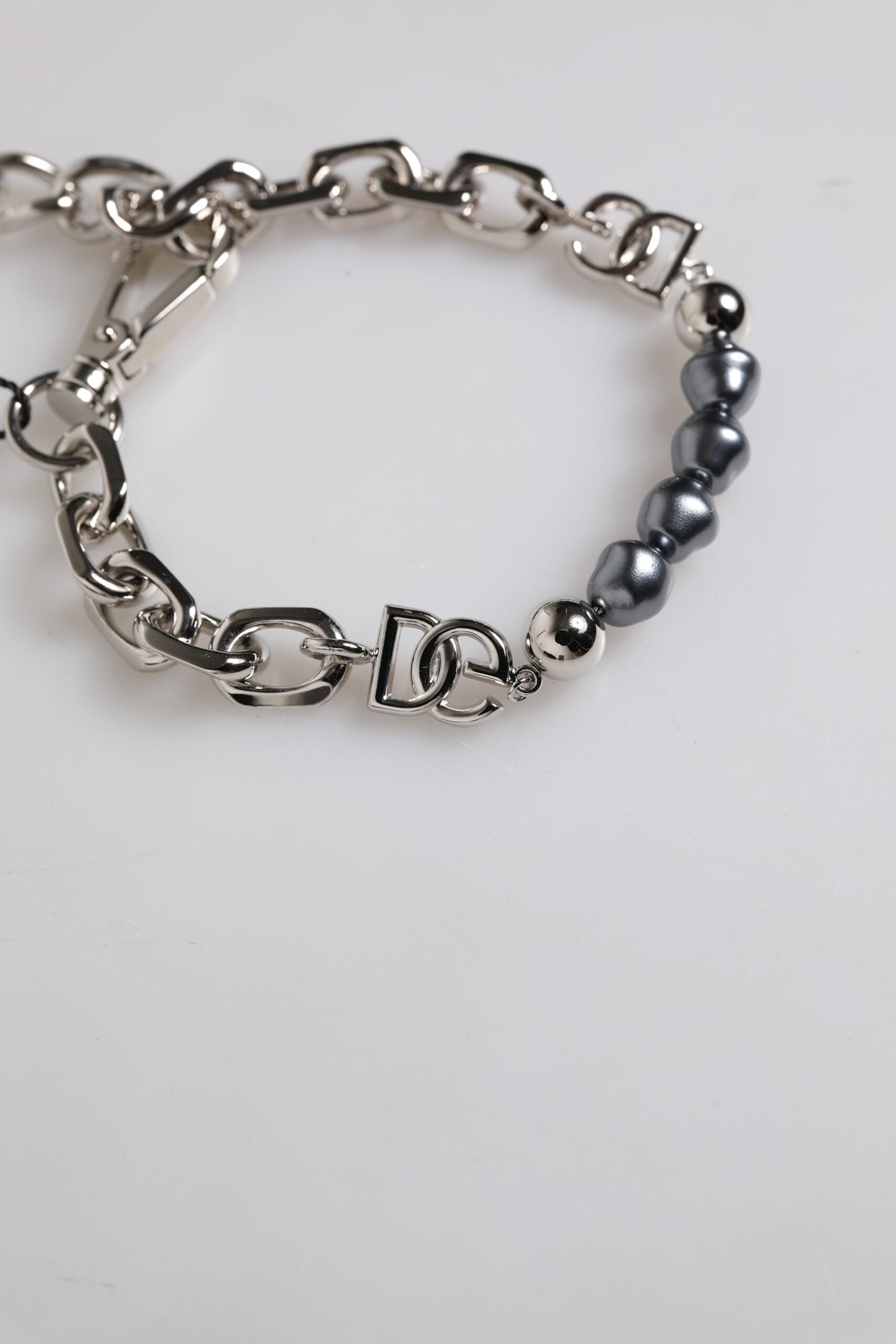 Dolce & Gabbana Silver Tone Chain Lobster Clasp Logo Gray Pearls Bracelet