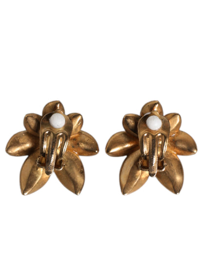 Dolce & Gabbana Gold Brass Purple Flower-Shaped Crystals Clip On Earrings
