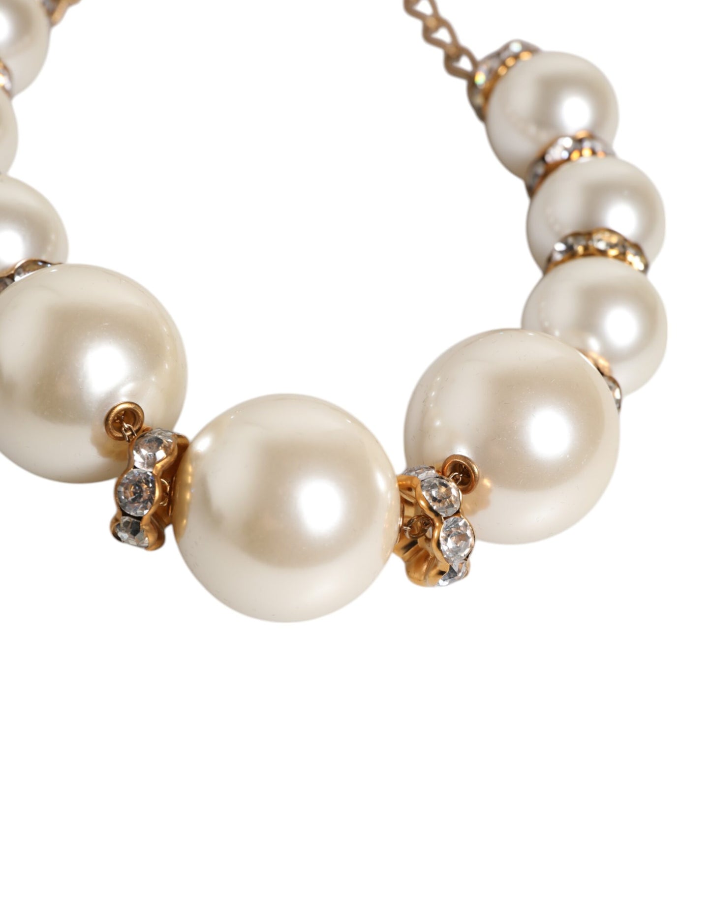 Dolce & Gabbana White Maxi Faux Pearl Beads Crystals Gold Chain Necklace