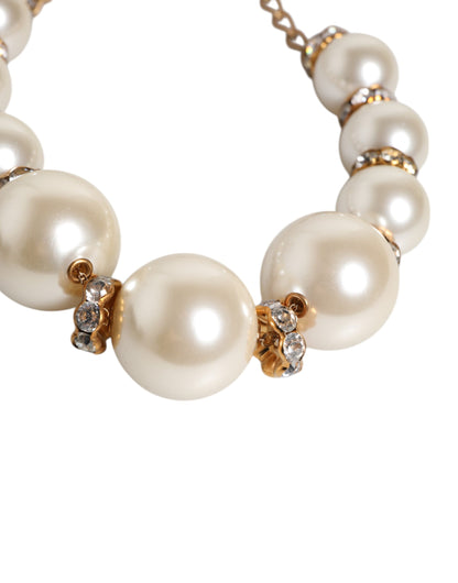 Dolce & Gabbana White Maxi Faux Pearl Beads Crystals Gold Chain Necklace