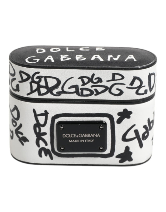 Dolce & Gabbana Black White Leather Scribble Embossed Logo Airpods Case