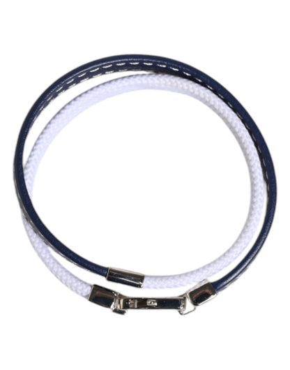 Dolce & Gabbana Blue White Leather Trimmed DG Engraved Silver Tone Clasp Bracelet