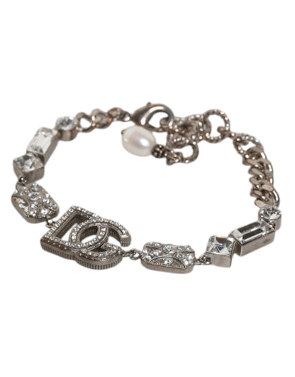Dolce & Gabbana Silver Brass Crystal DG Logo Charm Embellished Bracelet