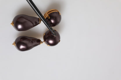 Dolce & Gabbana Gold Brass Black Pearl Clip On Dangling Jewelry Earrings