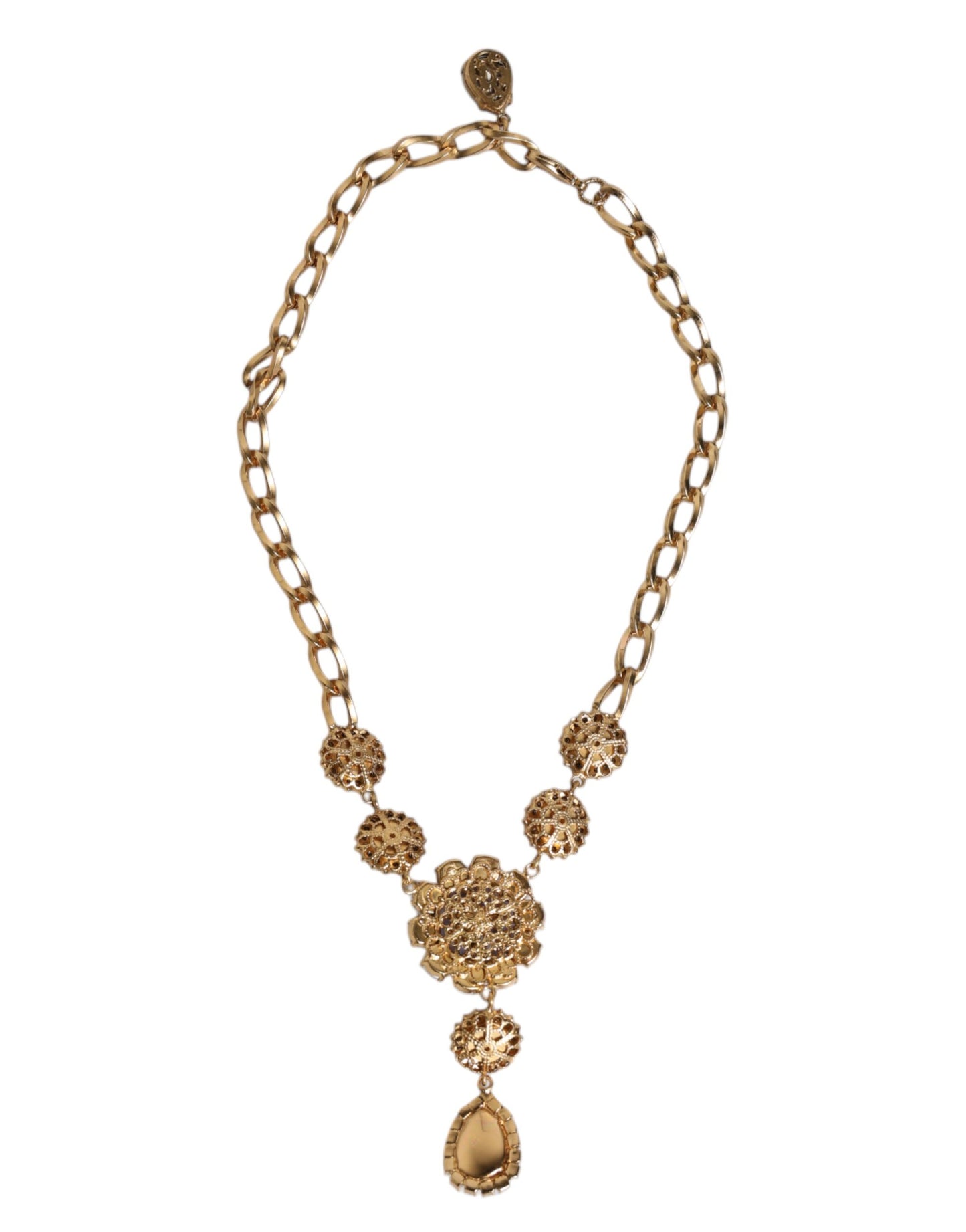 Dolce & Gabbana Gold Brass Floral Crystals Pearl Embellished Necklace