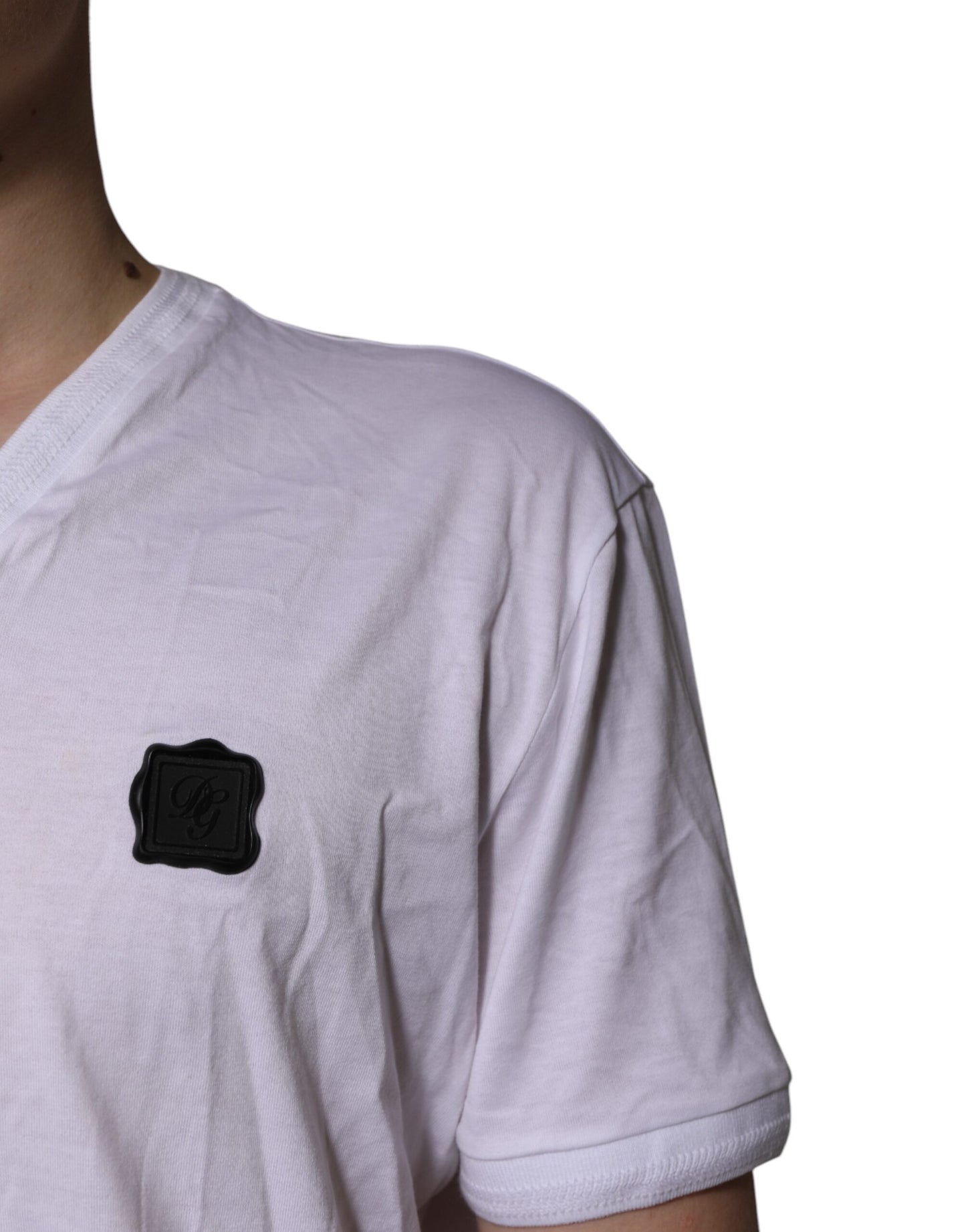 Dolce & Gabbana White Cotton Logo Patch V-neck Tee T-shirt