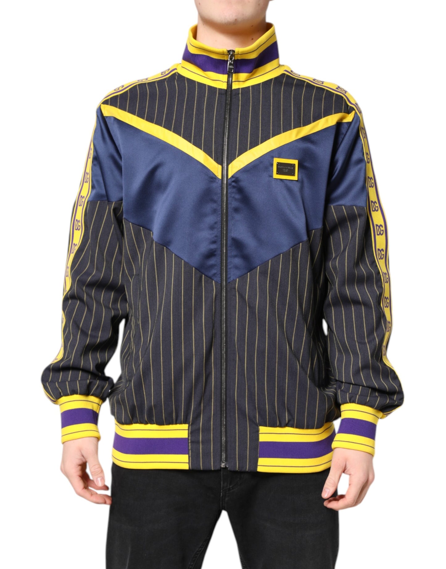 Dolce & Gabbana Black Striped Logo Full Zip Bomber Jacket