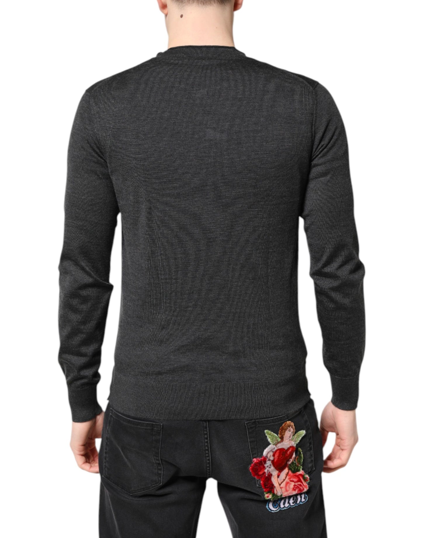 Dolce & Gabbana Gray Embroidery Knit Men Pullover Sweater