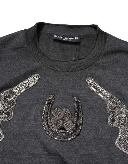 Dolce & Gabbana Gray Embroidery Knit Men Pullover Sweater