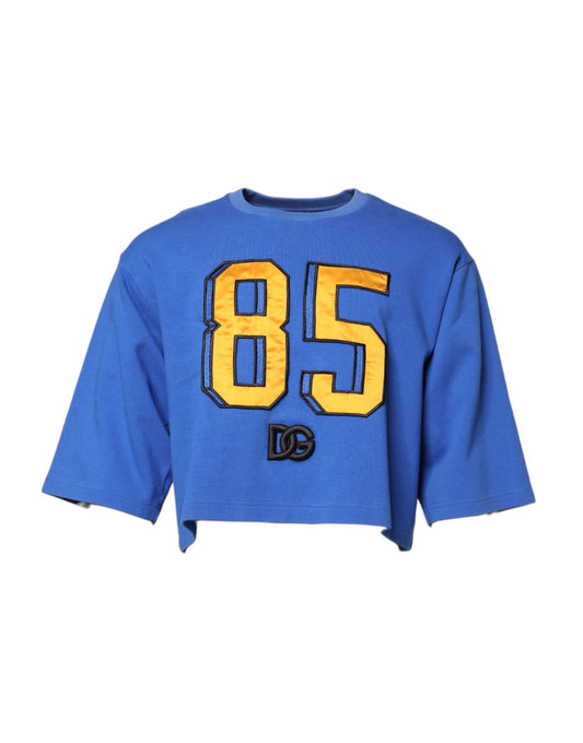 Dolce & Gabbana Blue Printed Cotton Cropped Crew Neck T-shirt