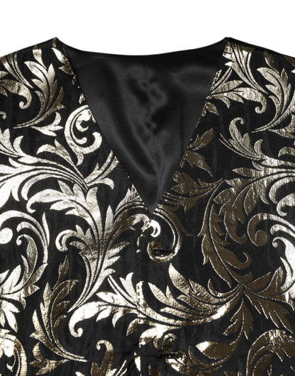 Dolce & Gabbana Black Gold Jacquard Formal Men Waistcoat Vest