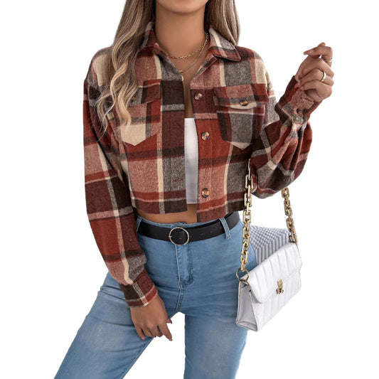 Color-contrast Check Long Sleeve Woolen Short Jacket
