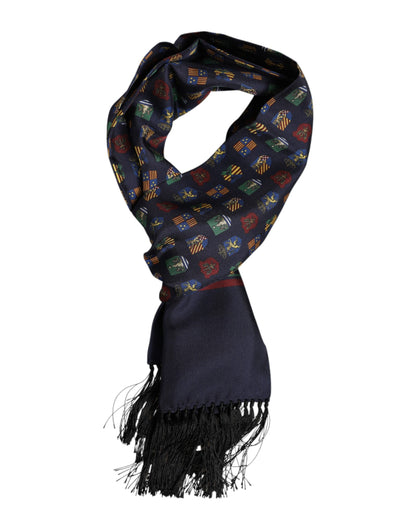 Dolce & Gabbana Blue Silk Printed Fringes Foulard Scarf