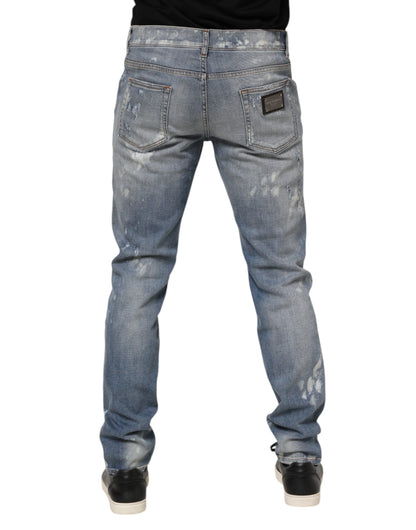 Dolce & Gabbana Blue Cotton Tattered Slim Fit Men Denim Jeans