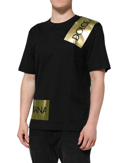 Dolce & Gabbana Black Logo Tape Cotton Men Crew Neck T-shirt
