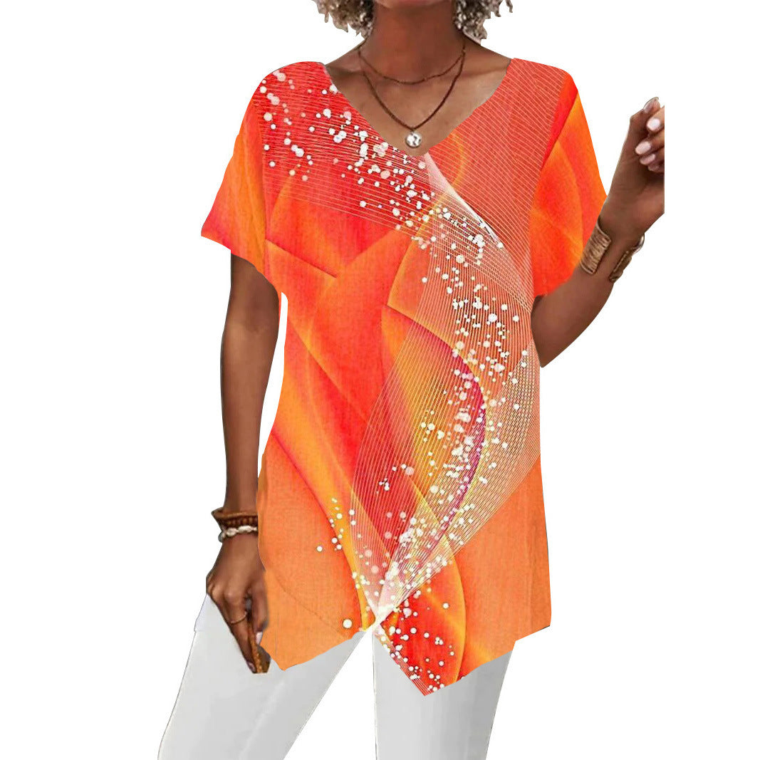 Summer European And American Women's Clothing Printed Irregular Short Sleeve