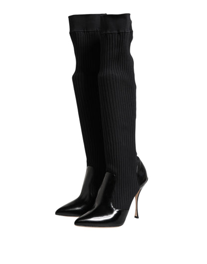Dolce & Gabbana Black Leather Ribbed Knit Knee Boots Shoes