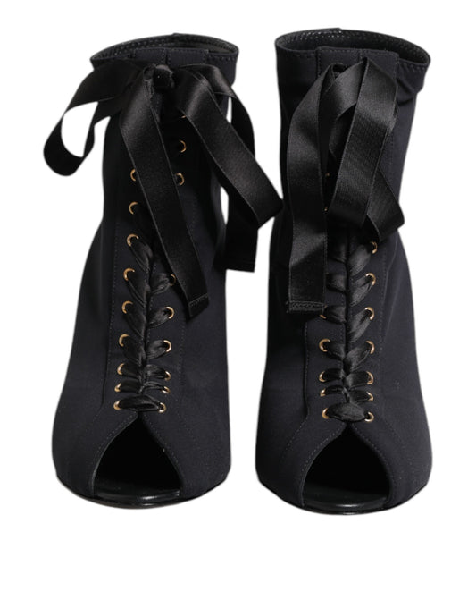 Dolce & Gabbana Black Stiletto Heels Lace Up Boots Shoes