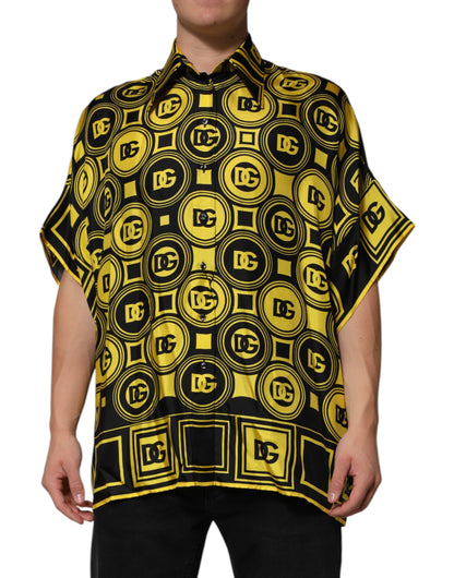Dolce & Gabbana Yellow Silk Silver DG Logo Geometric T-shirt