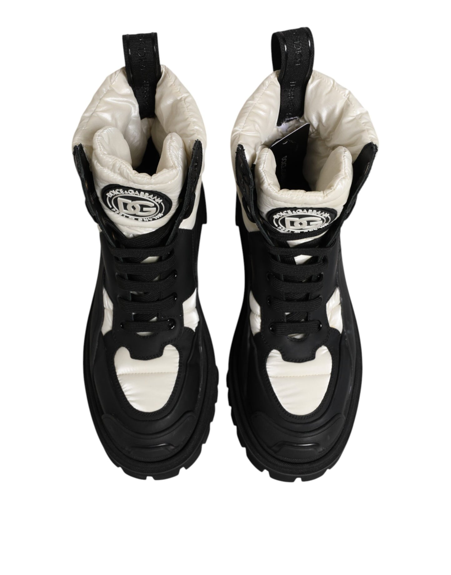 Dolce & Gabbana Black White Padded Mid Calf Lace Up Boots Shoes