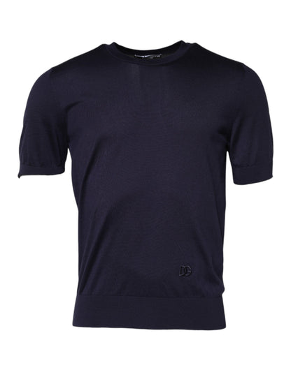 Dolce & Gabbana Dark Blue Silk Crew Neck Short Sleeves T-shirt
