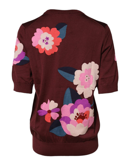 Dolce & Gabbana Maroon Floral Silk Crew Neck Blouse Top