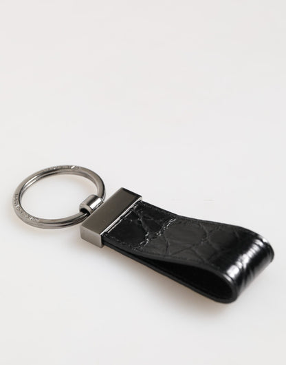 Dolce & Gabbana Black Leather Logo Metal Ring Keychain Holder Men Keyring
