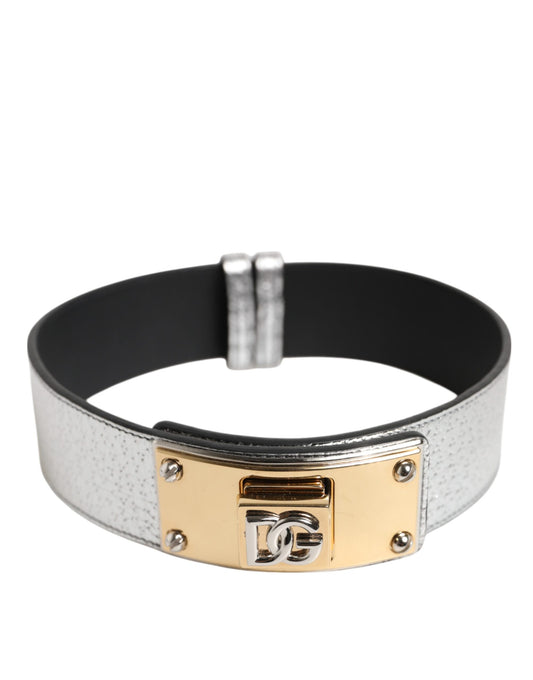 Dolce & Gabbana Silver Textured Leather Gold Tone Metal Neckband