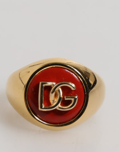 Dolce & Gabbana Gold Tone Real Brass Red DG Logo Men Ring