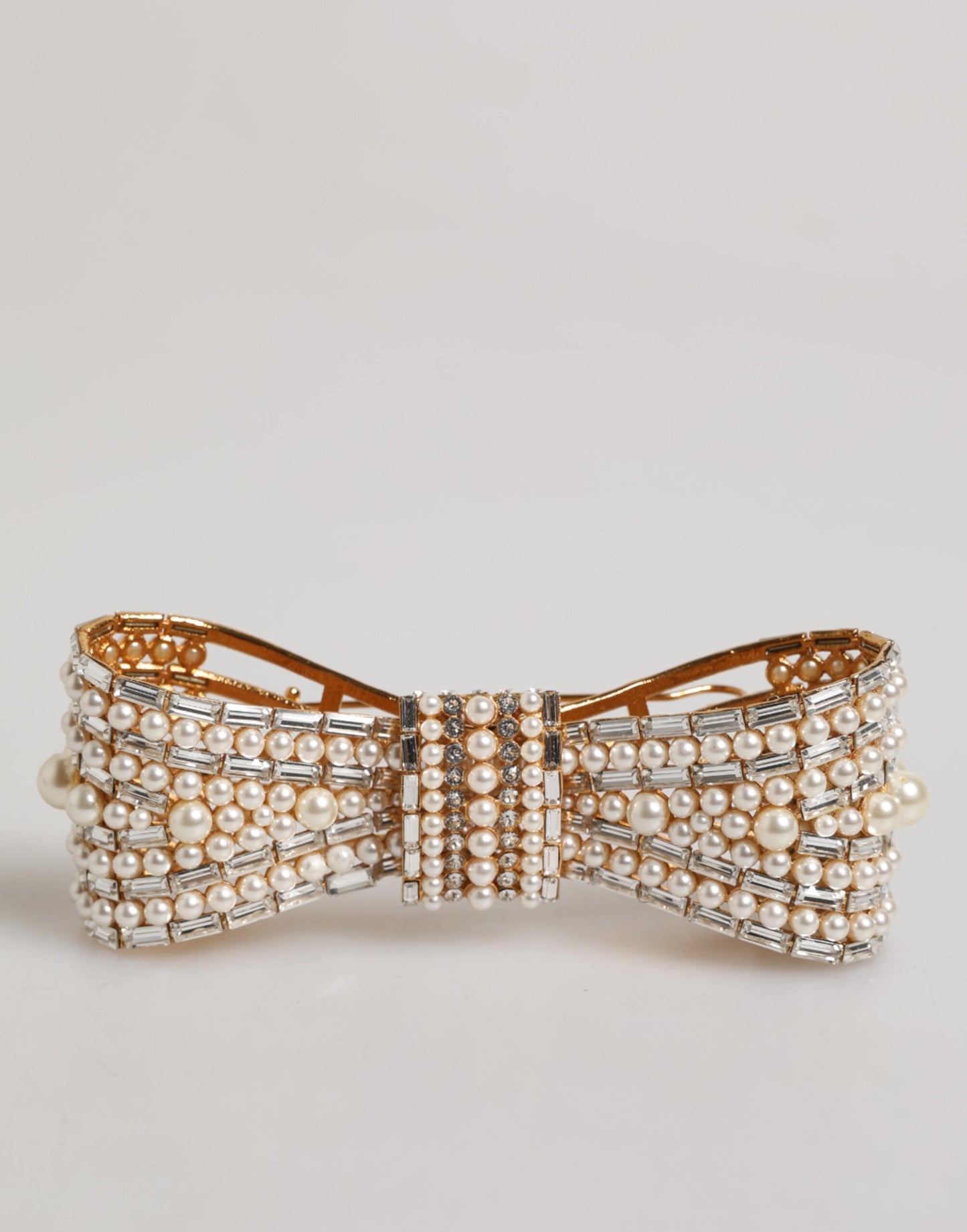 Dolce & Gabbana Gold Tone Brass Bow Crystal FauxPearl Embellished Brooch