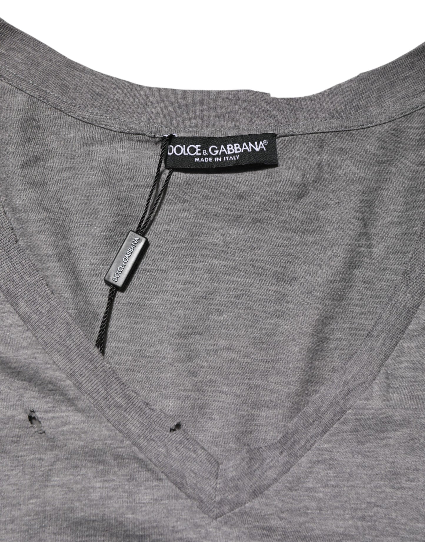 Dolce & Gabbana Gray Cotton Tattered Logo Patch Men T-shirt