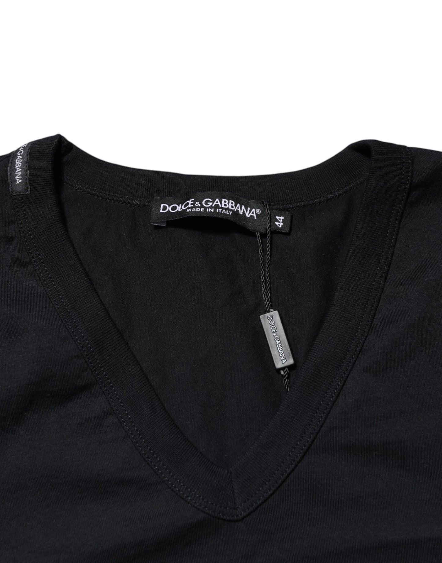 Dolce & Gabbana Black Cotton Plain V-Neck Men Shirt T-shirt