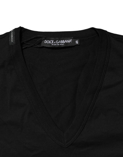 Dolce & Gabbana Black Cotton Plain V-Neck Men Shirt T-shirt