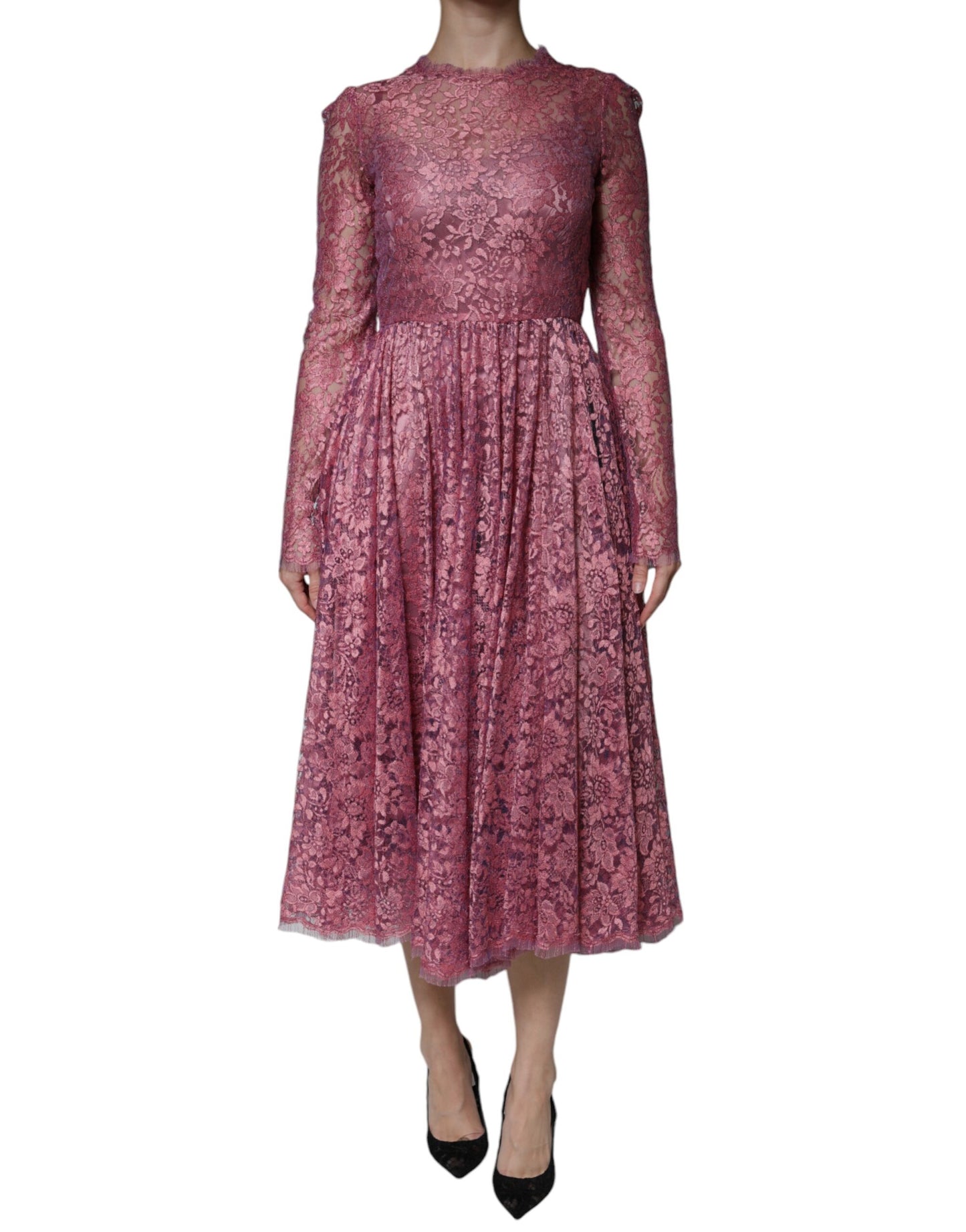 Dolce & Gabbana Pink Floral Lace Long Sleeve Midi Dress