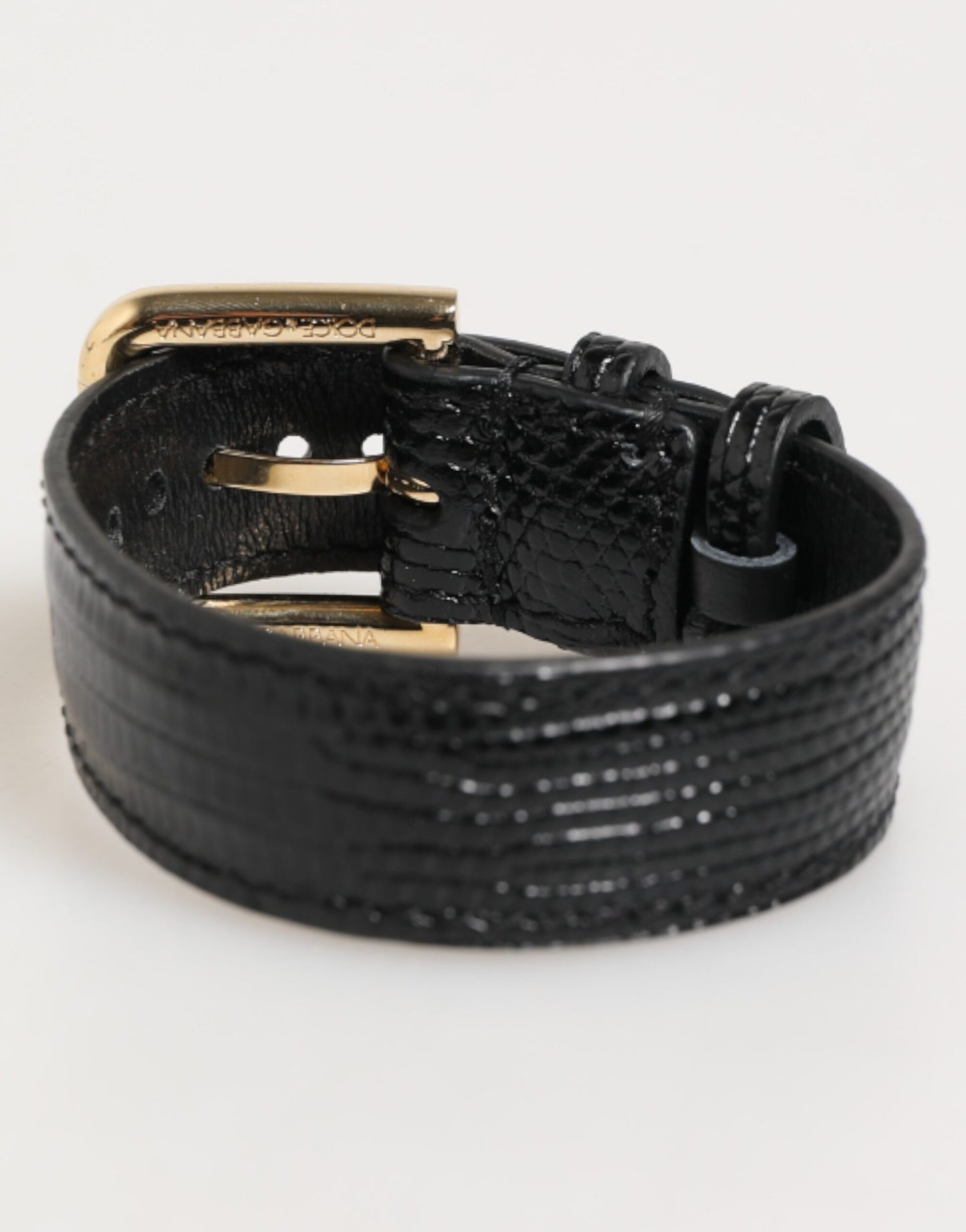 Dolce & Gabbana Black Embossed Leather Gold Buckle Belt Strap Bracelet